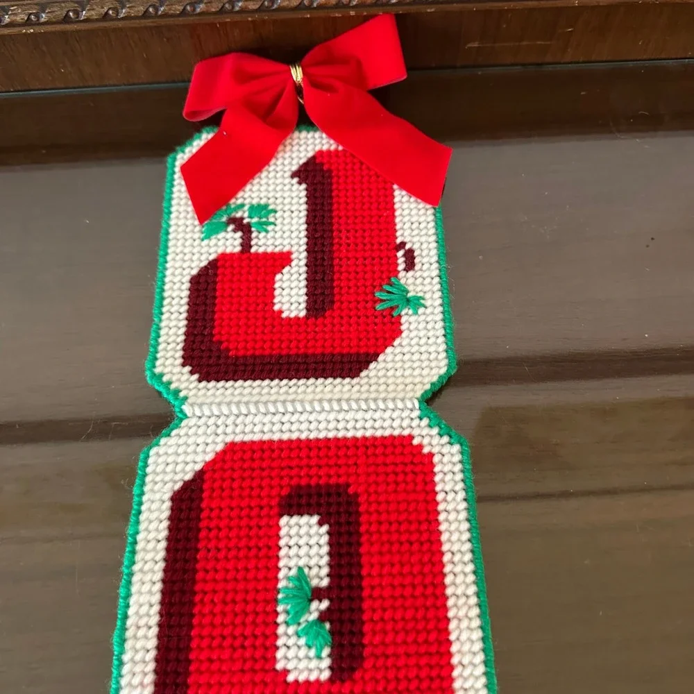 Vintage‎ Handmade Needlepoint JOY Christmas Wall Hanging Plastic Canvas 19''